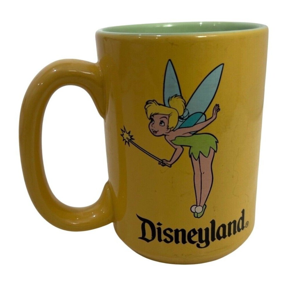 Disneyland Tinker Bell & Wand Yellow Mug Ceramic Coffee Cup Green Interior
